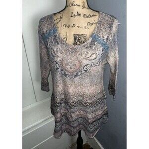 Live and Let Live Medium Multi Media Knit Blouse Boho Lave Sheer Hem